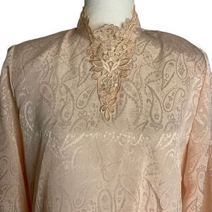 Vintage 80s Silky Secretary Blouse M Pink Paisley Lace Applique High Neck Button